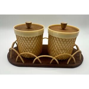 Rare Vintage 70's Beige Faux Wicker Small Plastic Sugar Packet Jars Set w/ Rack